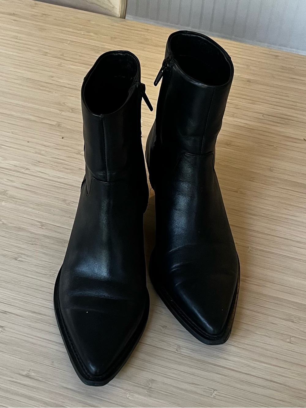 Zara Black Leather Pointed Ankle Boots with Side Zipper